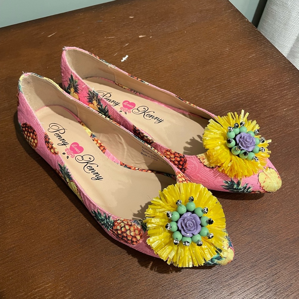 Pink and yellow pineapple pointed flats, Lily Pulitzer vibes